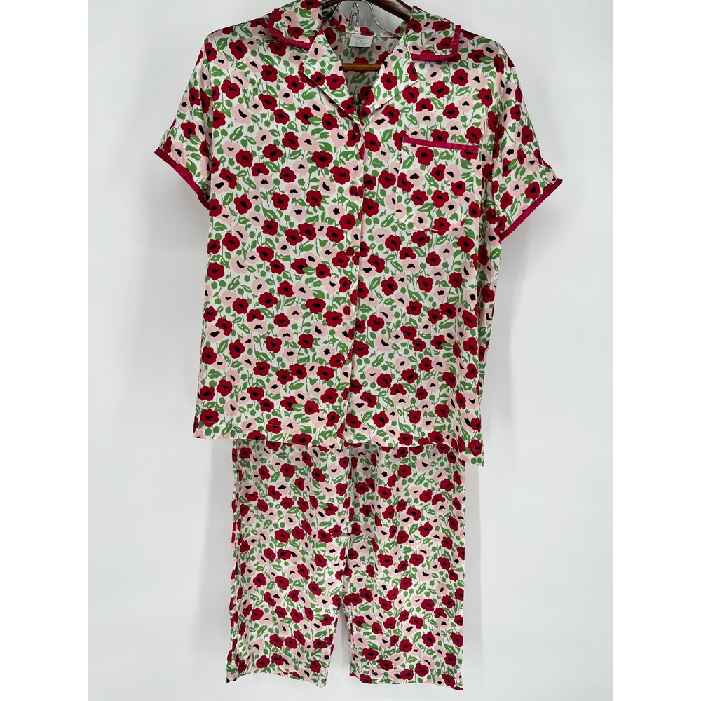 CABERNET Pajama Set Womens M Pink Floral Satin Short Sleeve Button Up Pants